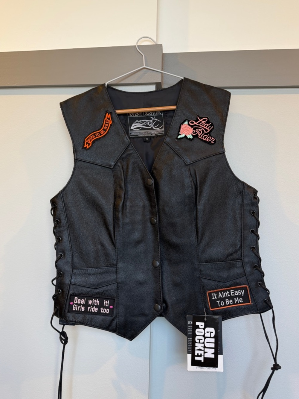 Event Leather Black Biker Vest w/ Patches Lace Up S NWT